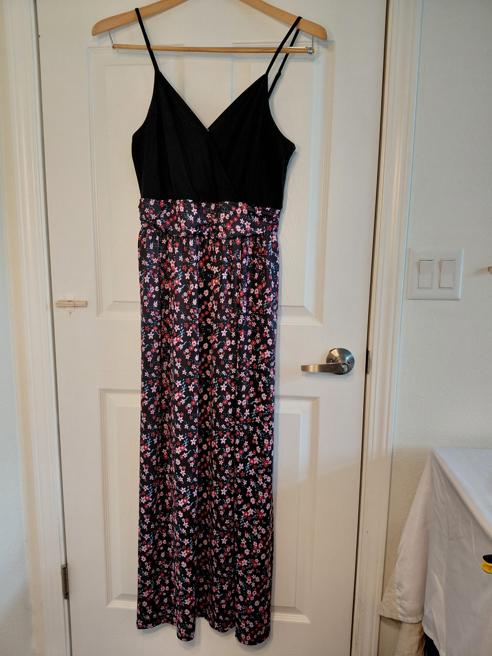 Floral Maxi Dress with Black Bodice and Pink Bloom Skirt